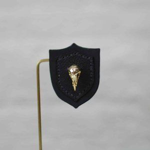 Sparrow Skull Brooch in Gold and Black Leather
